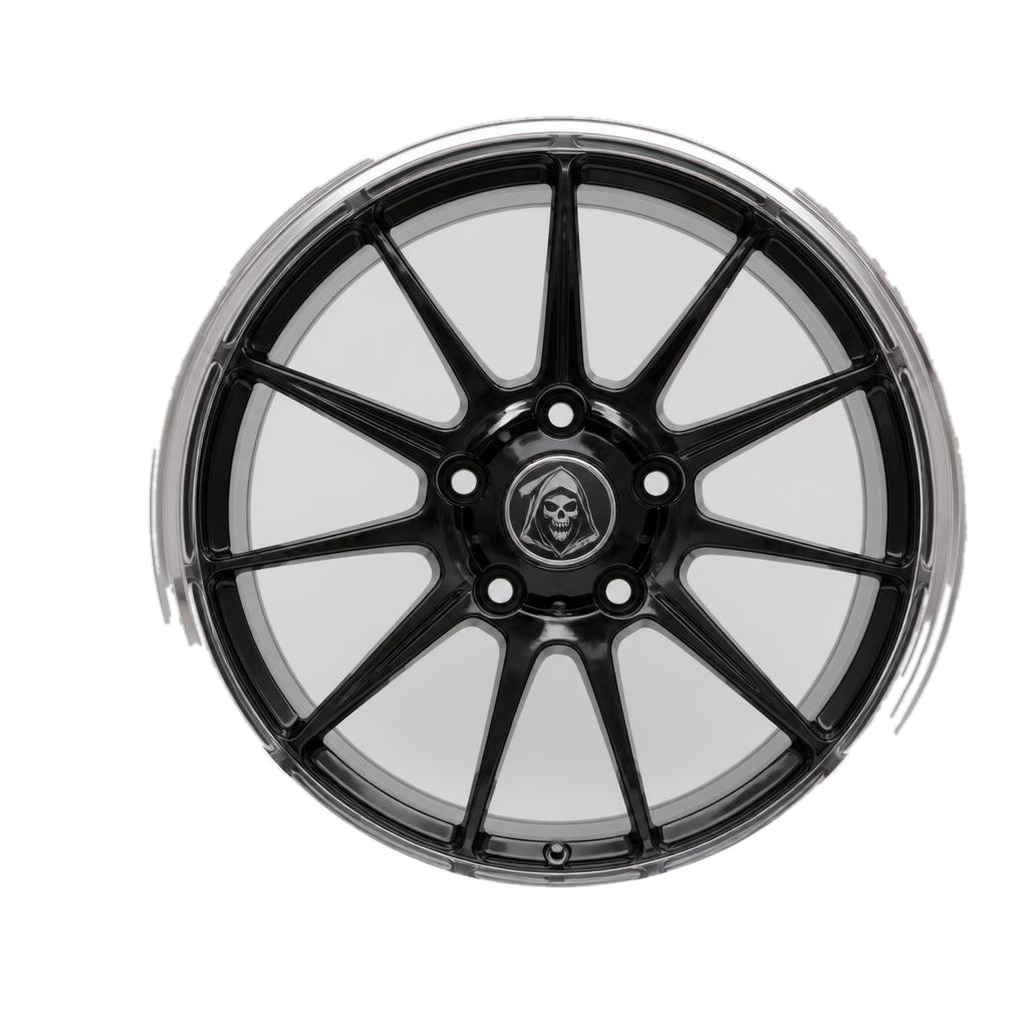 Rim Reaper Sable one-piece forged car wheel, gloss black with polished lip
